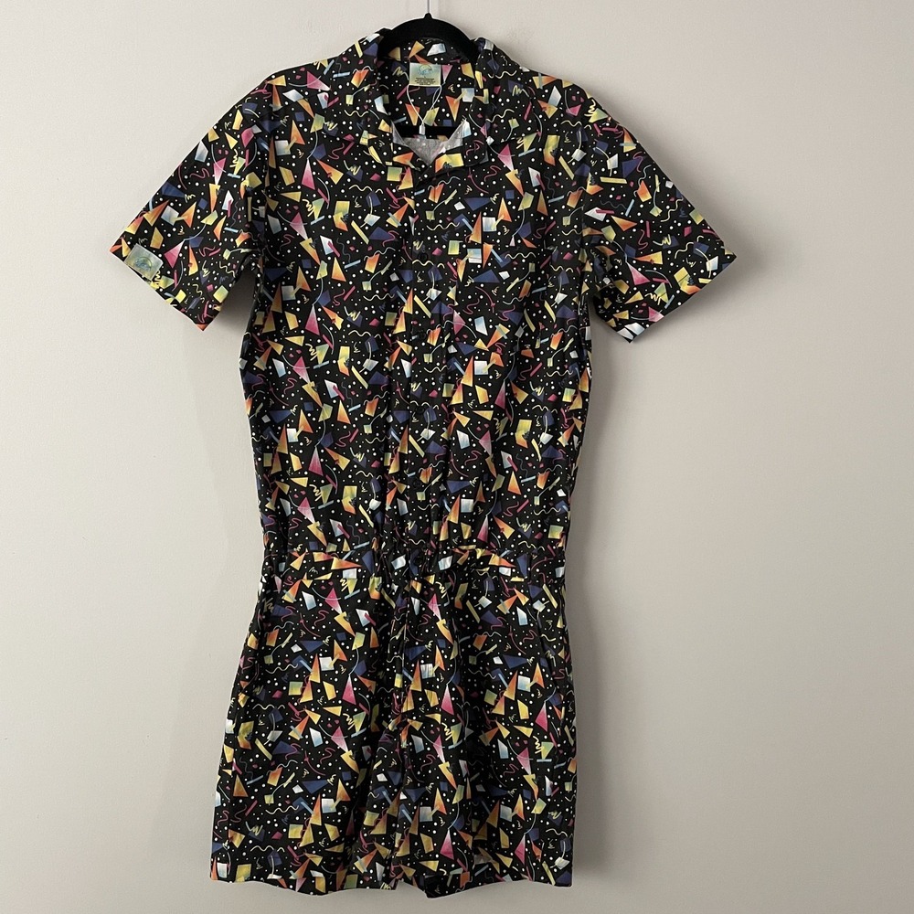 Zesties Mens Romper Black Confetti Print Size L Stretch Y2K 90s‎ Retro Novelty
